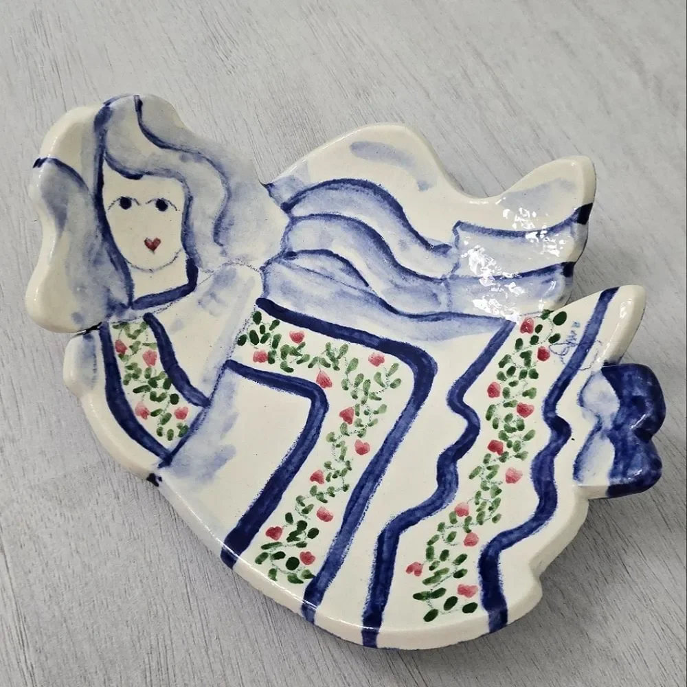 Angel Watercolor Painted Plate Dish White Blue Folk Art Pottery Signed
